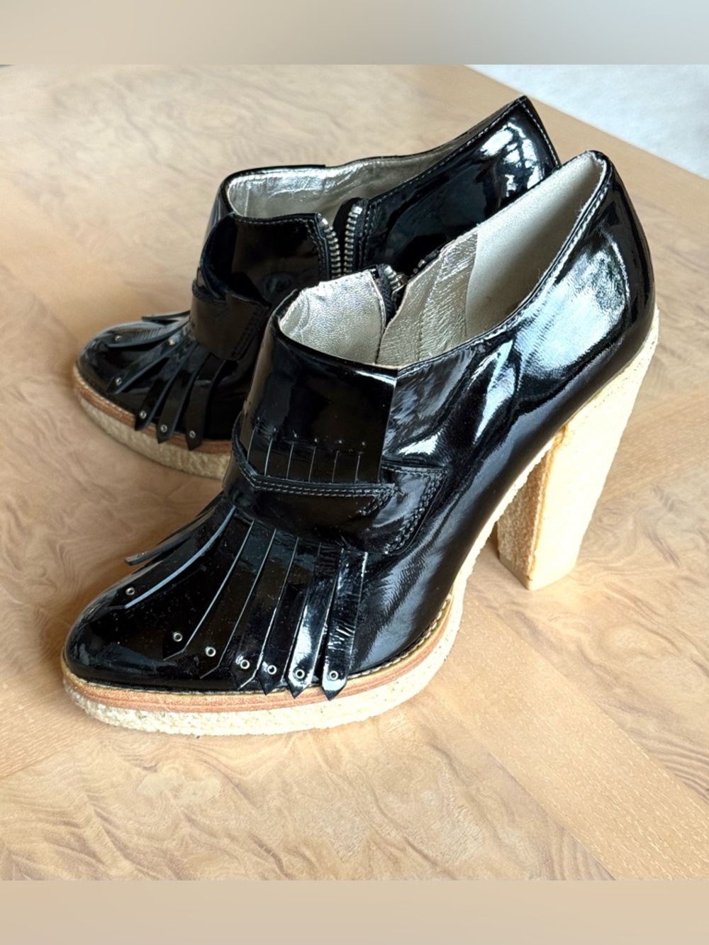 Belle by Sigerson Morrison Black Patent Leather “Brogues” (Fringe) Wedge Booties
